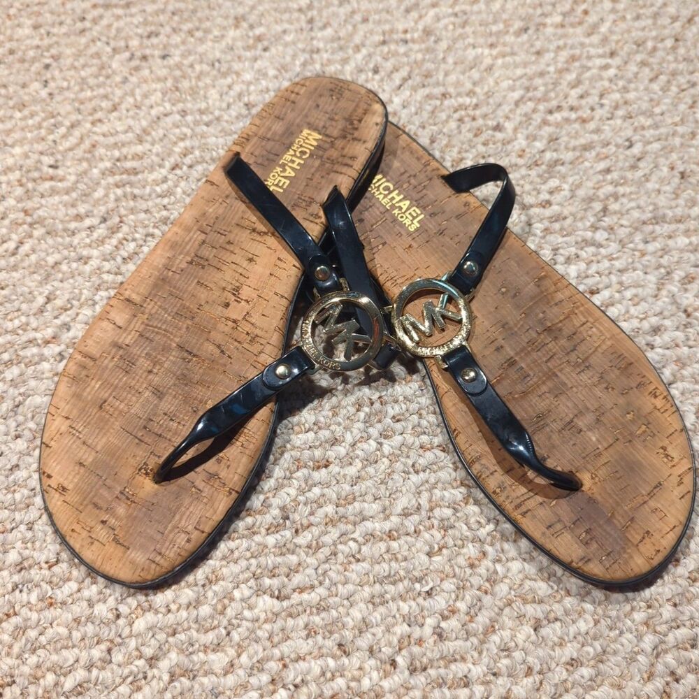 Michael Kors MK Logo Charm Jelly Flip Flop Sandals Womens 10M Black Thong Cork